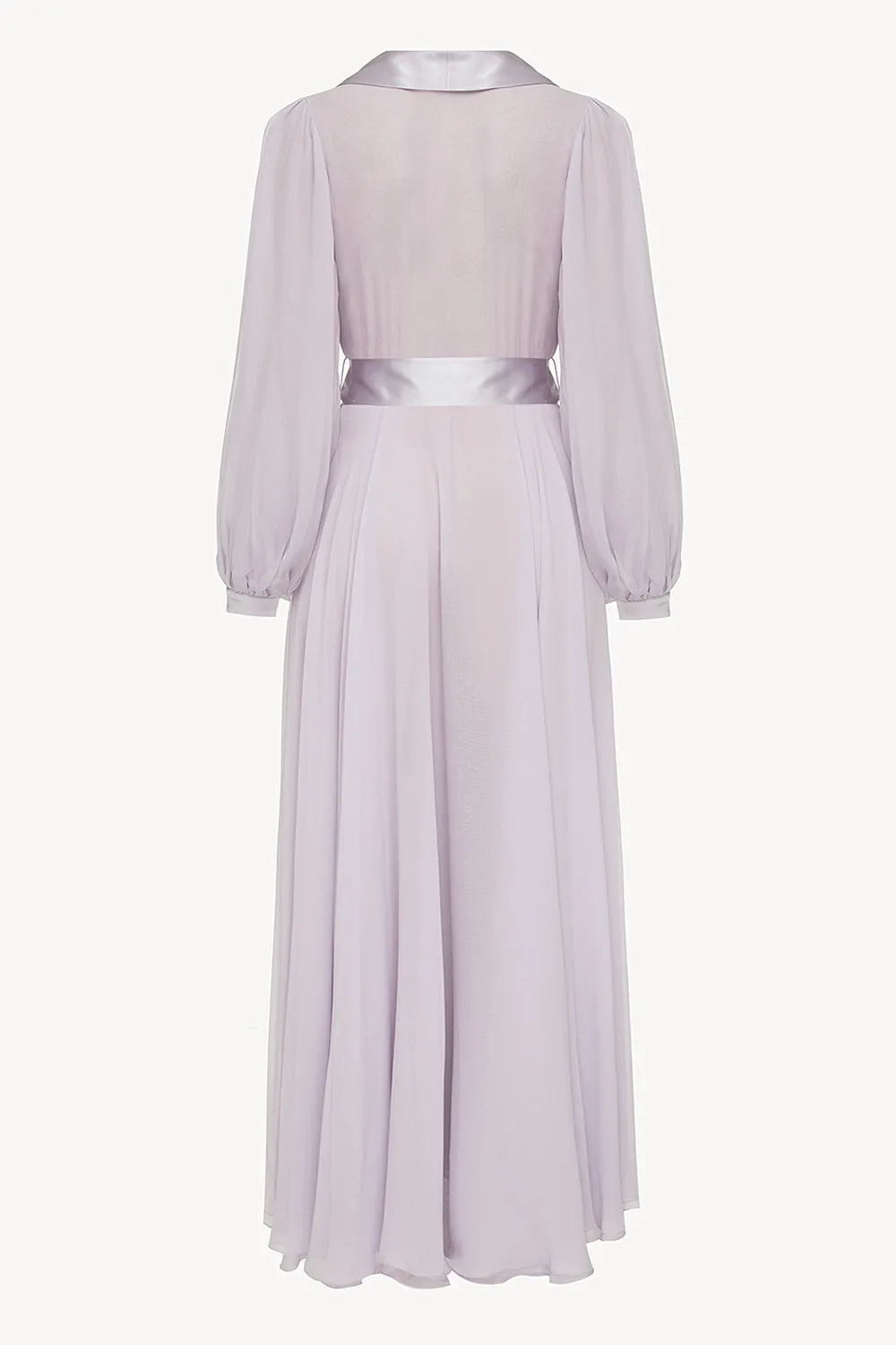 Floor length floaty chiffon wrap violet dress