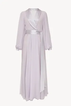 Floor length floaty chiffon wrap violet dress