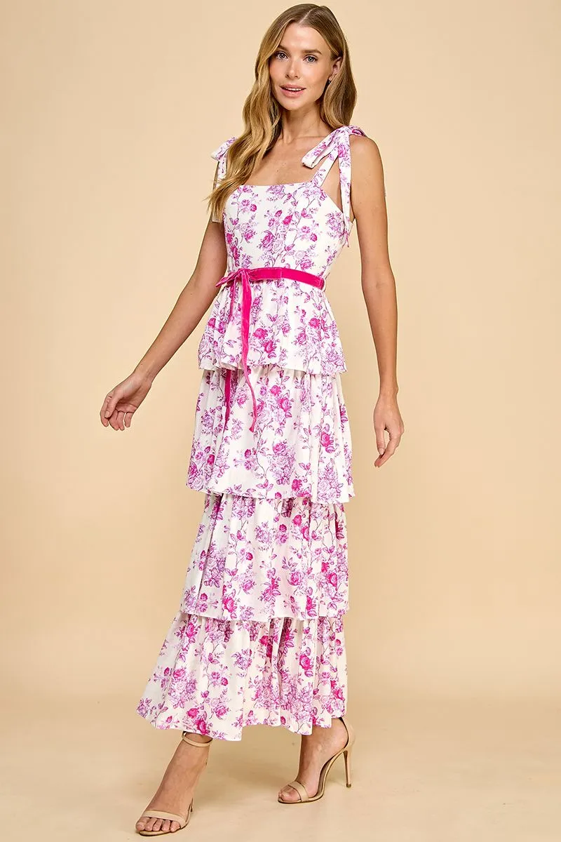 Floral Print Tiered Adjustable Straps Midi Dress