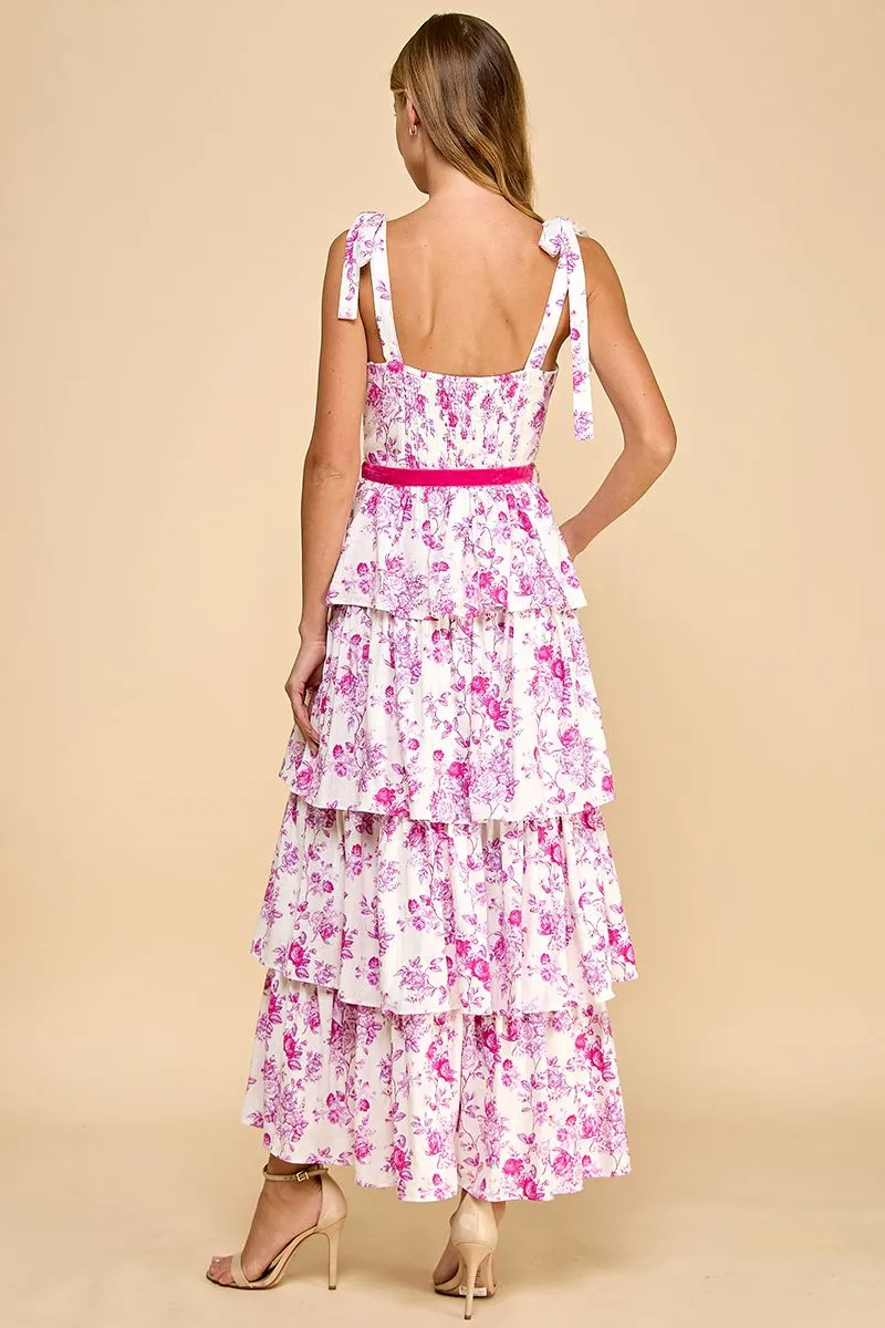 Floral Print Tiered Adjustable Straps Midi Dress