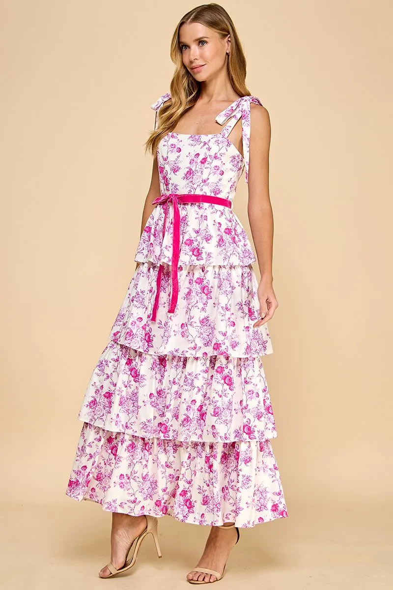 Floral Print Tiered Adjustable Straps Midi Dress