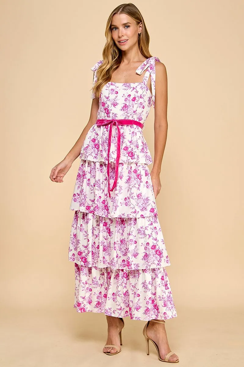 Floral Print Tiered Adjustable Straps Midi Dress