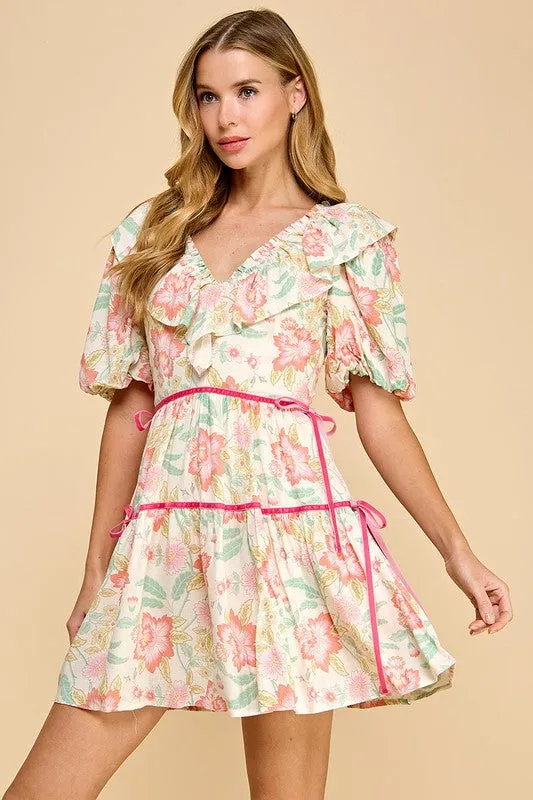 Floral Print V Neck Ruffle Detail Dress