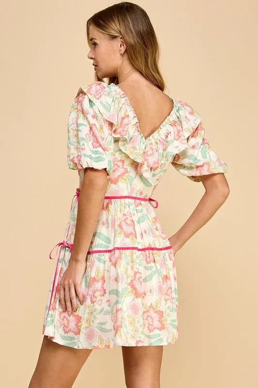 Floral Print V Neck Ruffle Detail Dress