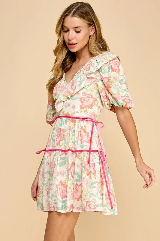 Floral Print V Neck Ruffle Detail Dress