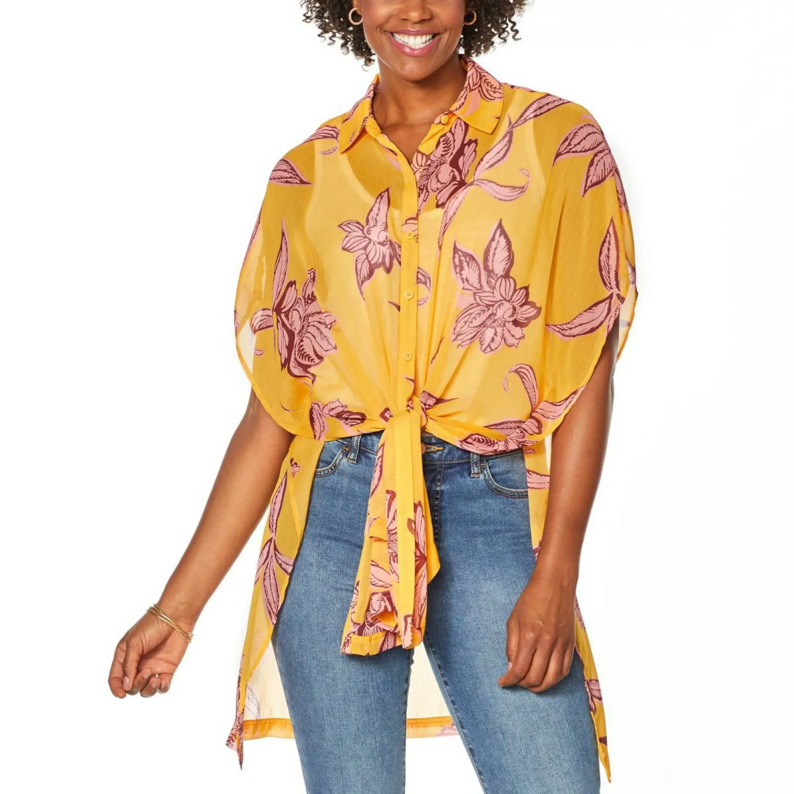 G by Giuliana Women's Printed Sheer Button Front Tunic Top