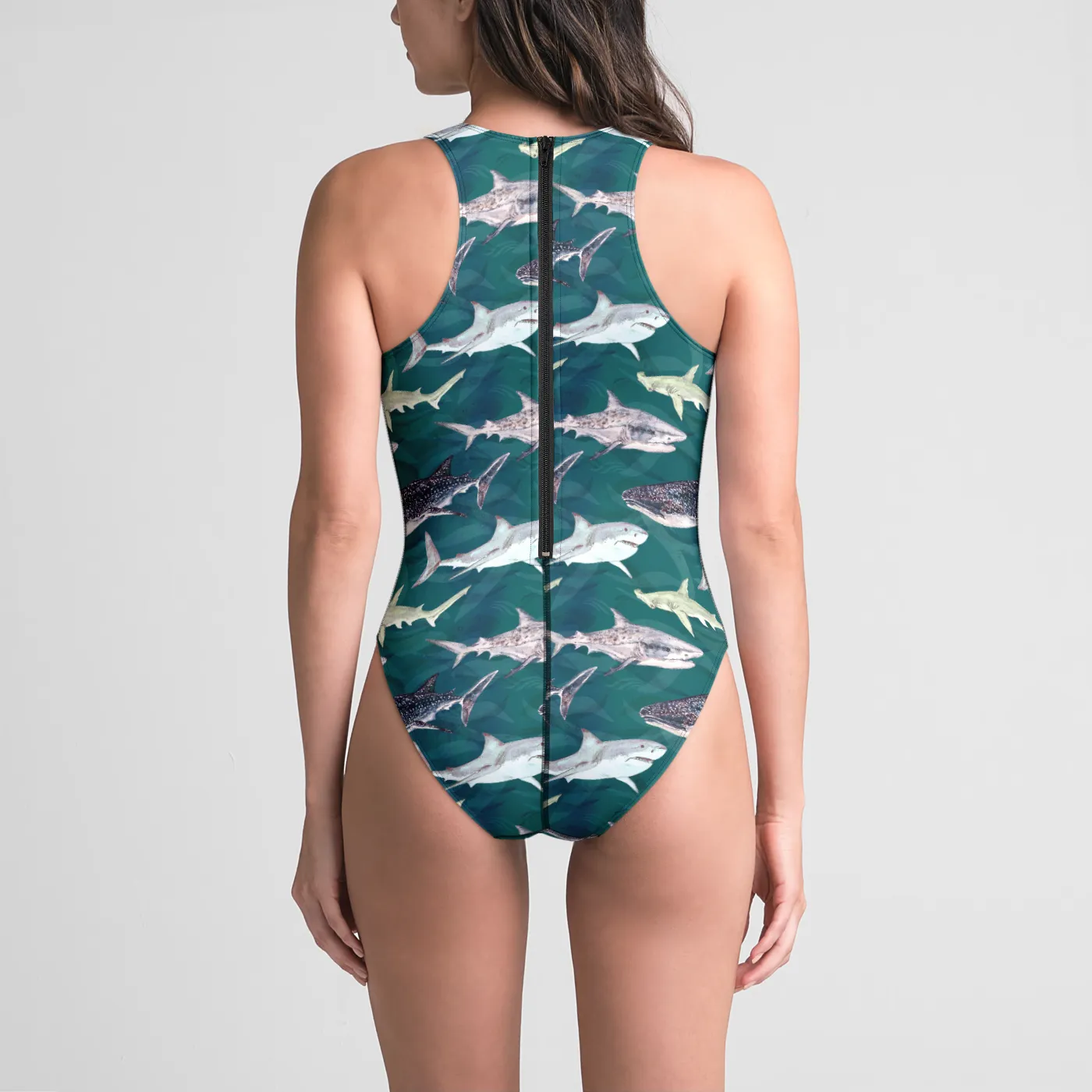 Green Sharks One-Piece Zip-back Swimsuit UPF 50 