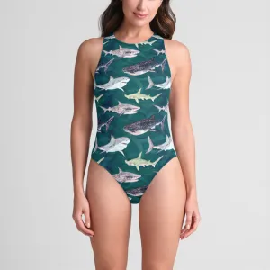 Green Sharks One-Piece Zip-back Swimsuit UPF 50 