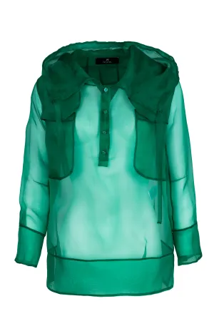 Green Silk Organza Blouse with Hood