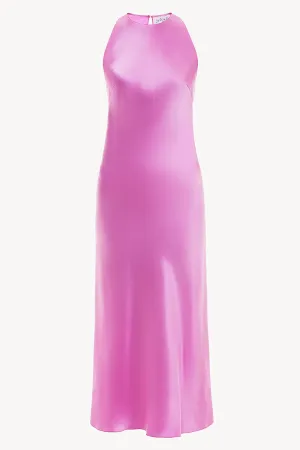 Halterneck silk dress in fuchsia