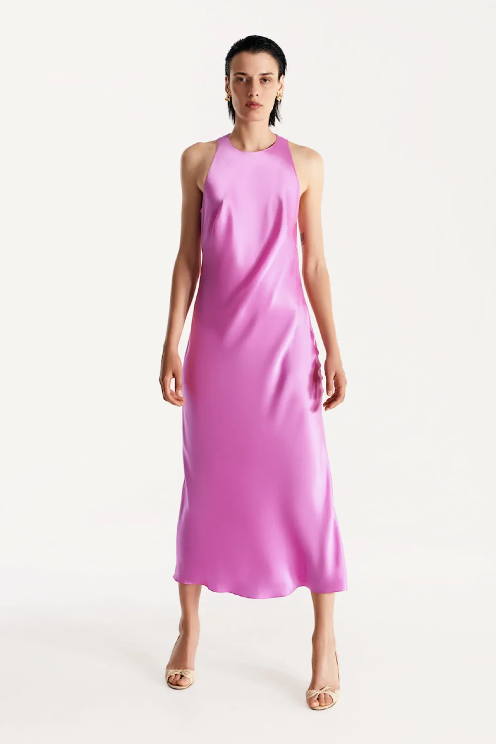 Halterneck silk dress in fuchsia