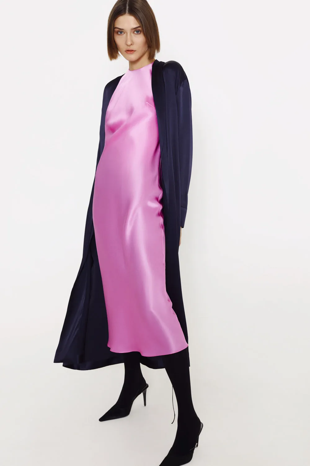 Halterneck silk dress in fuchsia