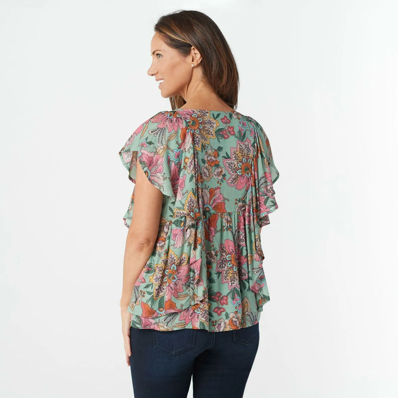 Haute Hippie Tribe Women's Floral Flutter Sleeve Blouse
