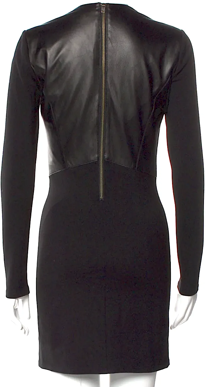 Helmut Lang NY. Black Lambskin Leather Rayon/Nylon/Elastane Blend Fabric Crew Neck Mini Dress