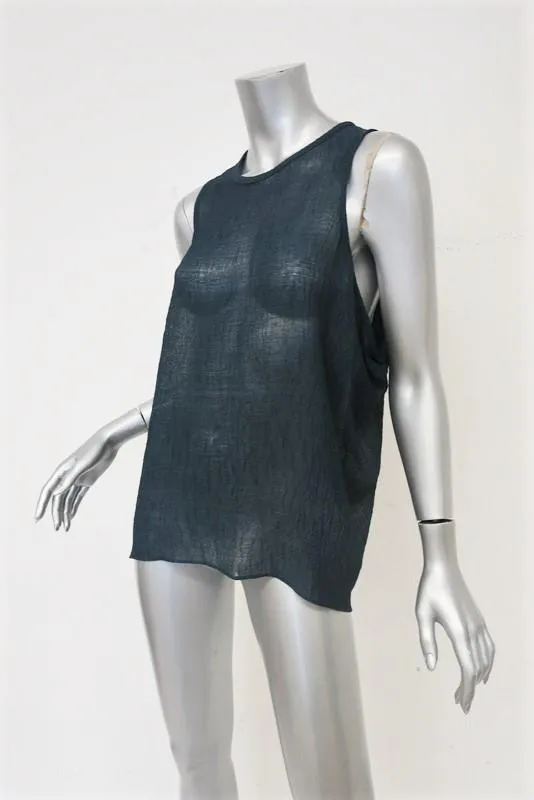 Helmut Lang Tank Teal Breeze Crinkled Chiffon Size Medium Draped-Side Top