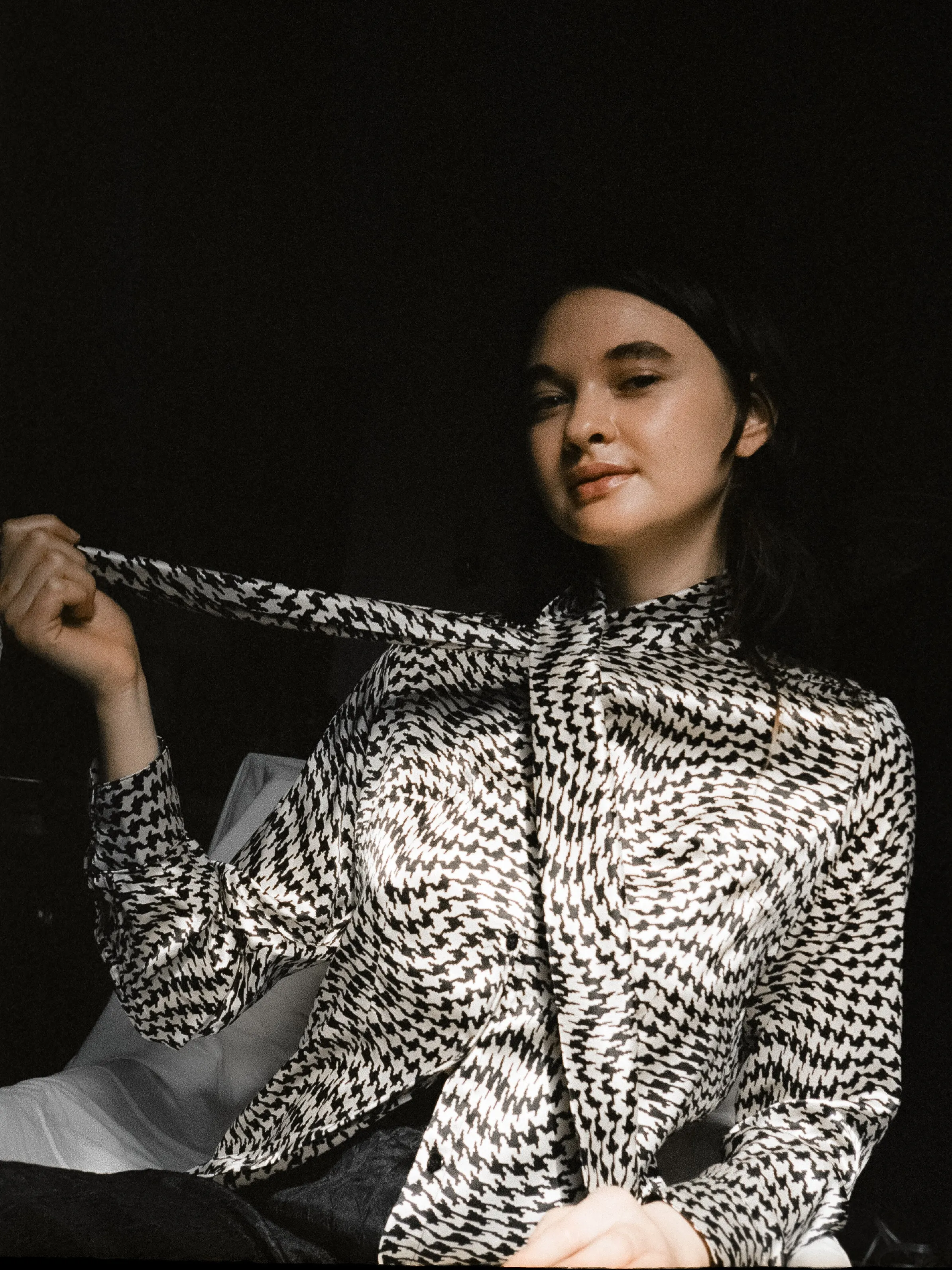 Houndstooth Silk Secretary Blouse