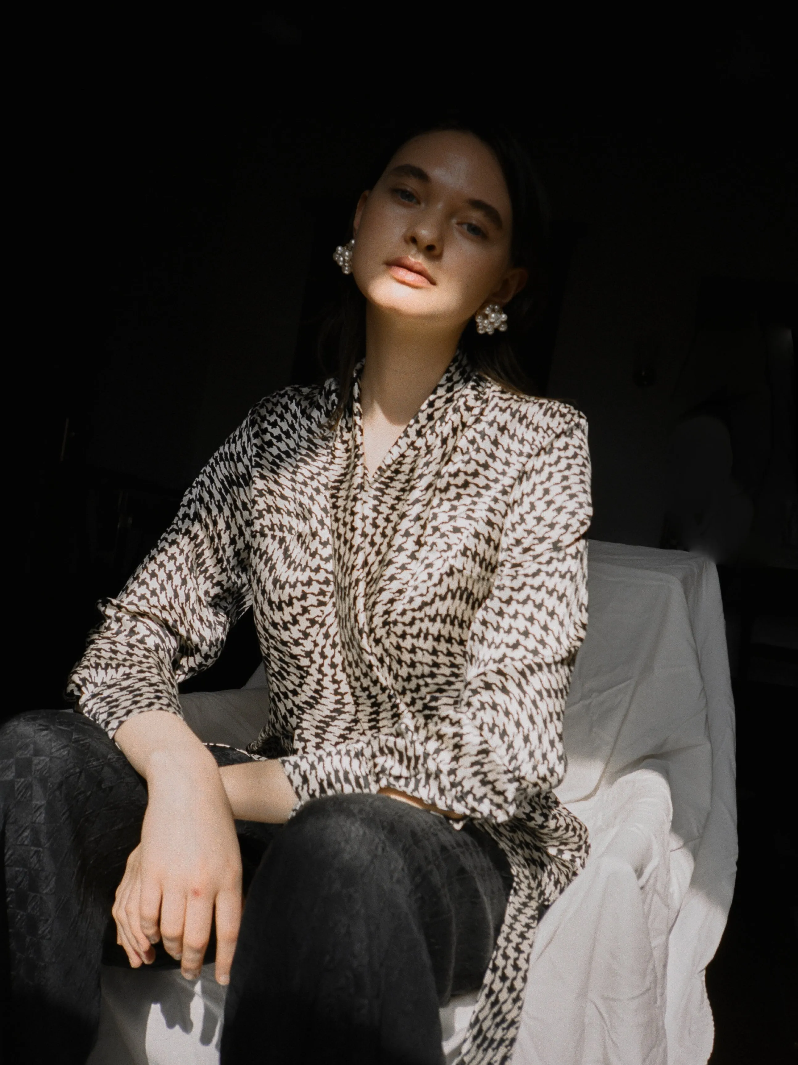 Houndstooth Silk Secretary Blouse