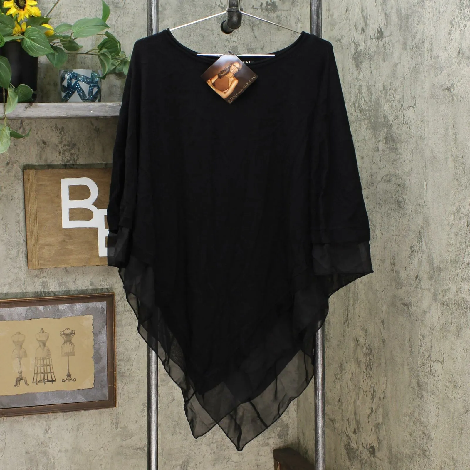 IMAN Women's Plus Size City Chic Sweater Knit Poncho With Chiffon Trim