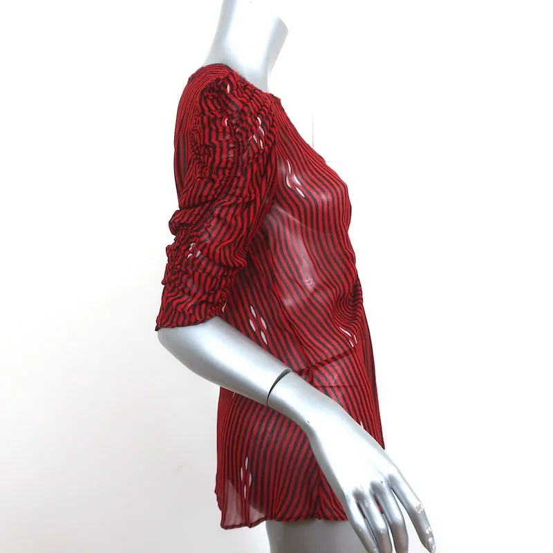 Isabel Marant Etoile Ruched Blouse Caja Red Striped Chiffon Size 40 Short Sleeve