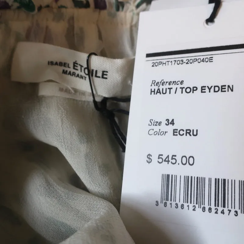 Isabel Marant Etoile Top Eyden Ecru Printed Chiffon Size 34 Long Sleeve NEW