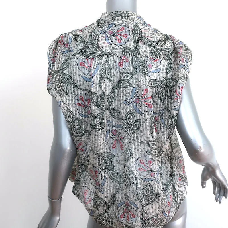Isabel Marant Tie-Sleeve Blouse White Printed Chiffon Size 36 V-Neck Top