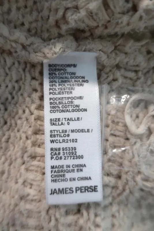 James Perse Beach Cardigan Ivory Cotton-Linen Size 0 Open Front Sweater NEW