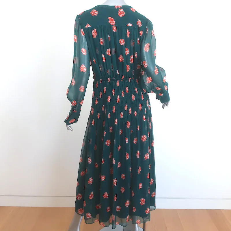 Jason Wu Button-Front Midi Dress Teal Floral Print Smocked Silk Chiffon Size 10