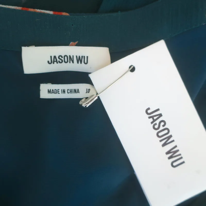 Jason Wu Button-Front Midi Dress Teal Floral Print Smocked Silk Chiffon Size 10