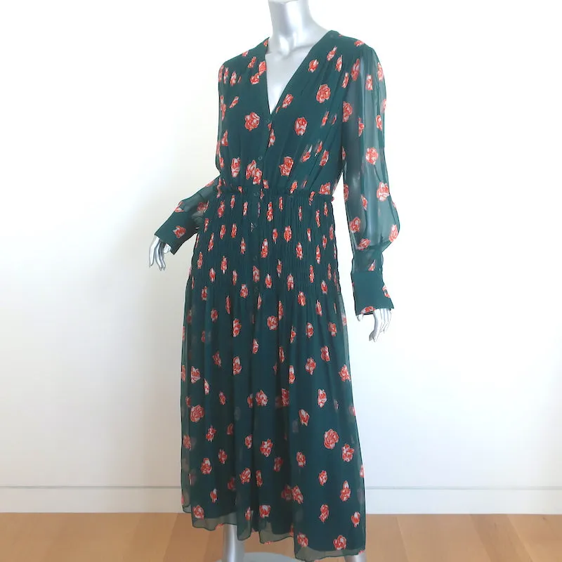 Jason Wu Button-Front Midi Dress Teal Floral Print Smocked Silk Chiffon Size 10
