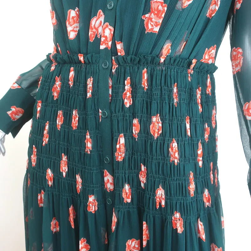 Jason Wu Button-Front Midi Dress Teal Floral Print Smocked Silk Chiffon Size 10