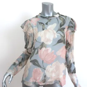 Jason Wu Collection Blouse Light Blue Floral Print Ruffled Chiffon Size 10