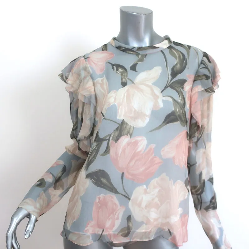 Jason Wu Collection Blouse Light Blue Floral Print Ruffled Chiffon Size 10