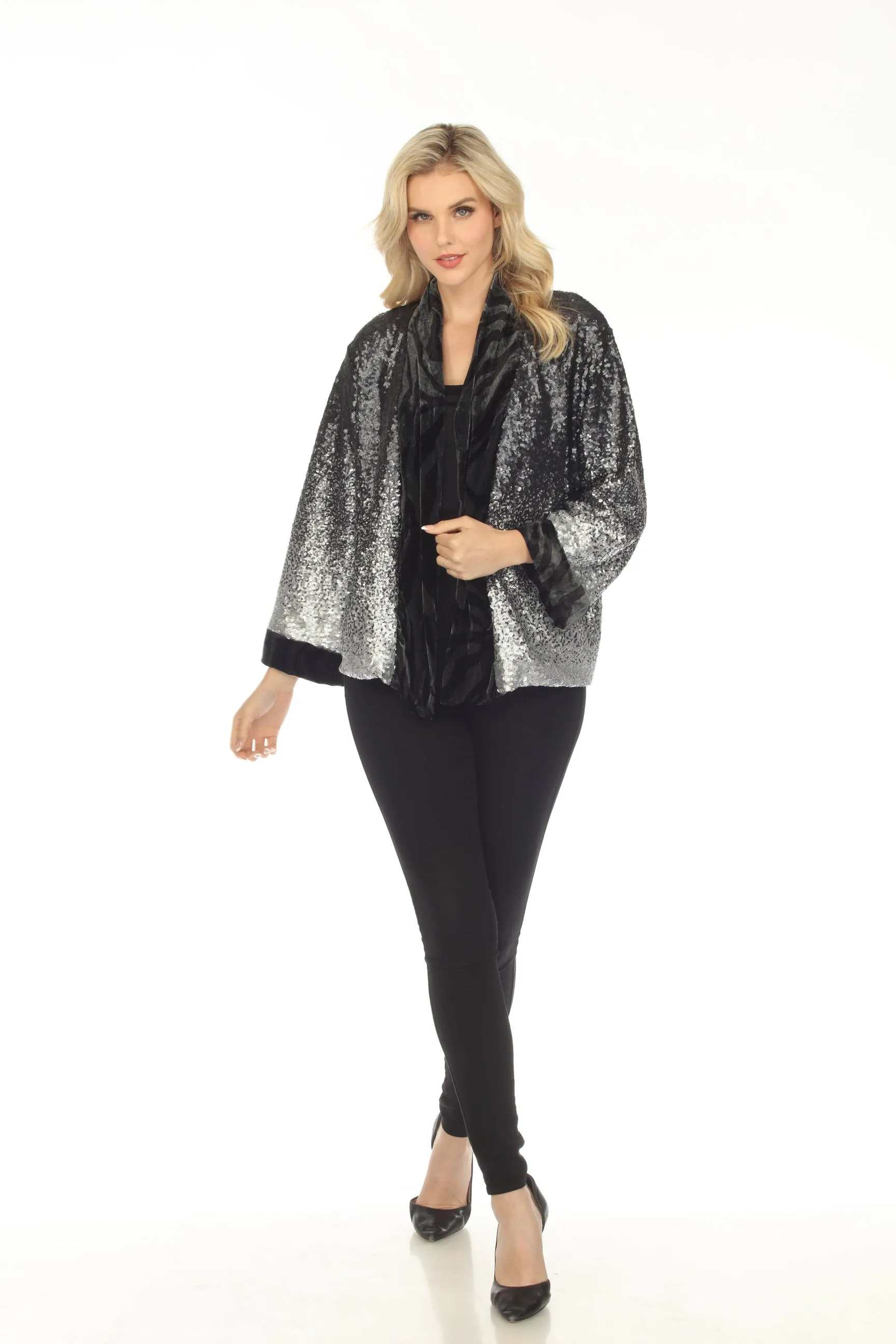 Johnny Was Sequin Black Plaza Lined Open Front Kimono Boho Chic R48223B9
