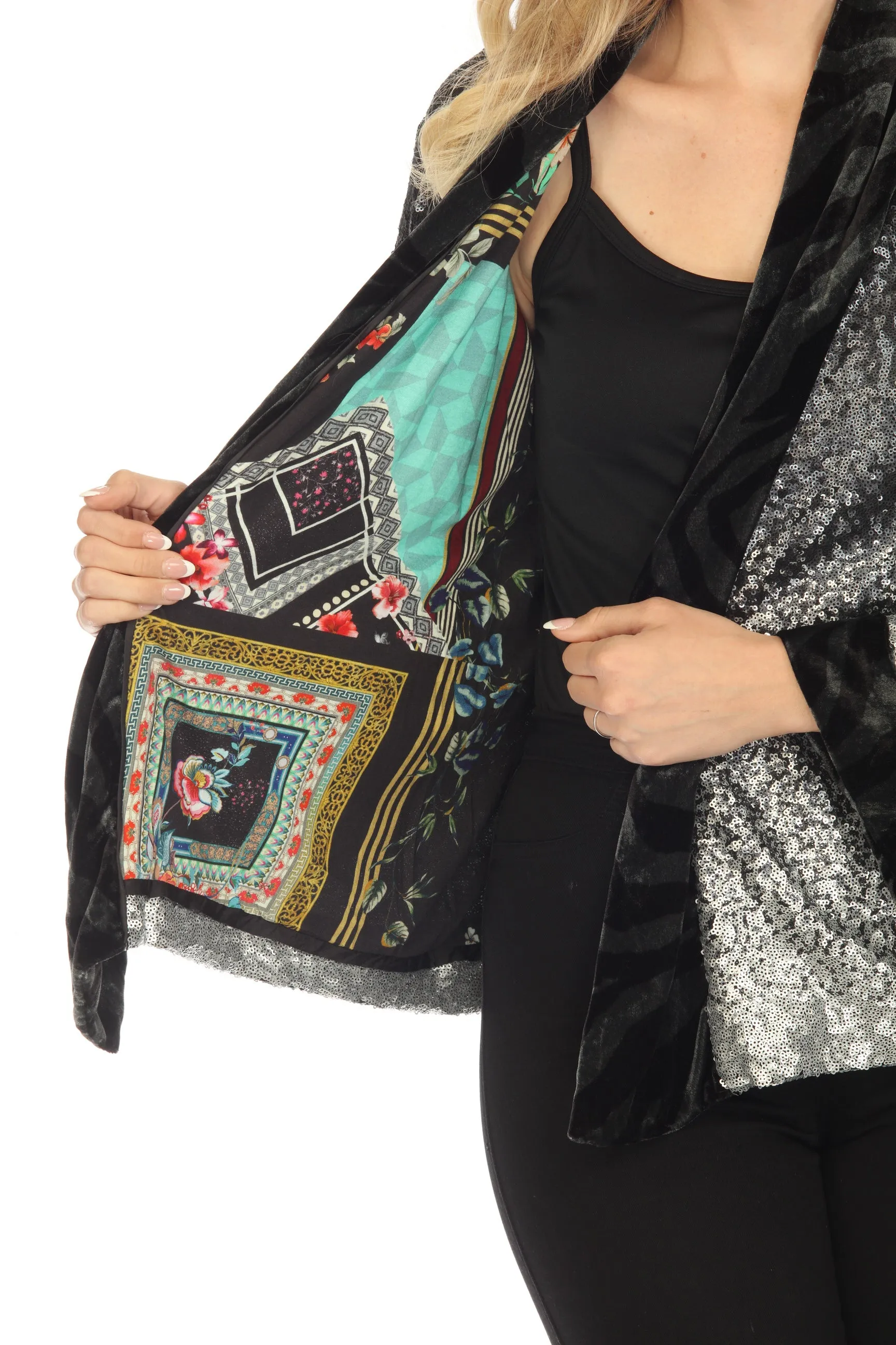 Johnny Was Sequin Black Plaza Lined Open Front Kimono Boho Chic R48223B9