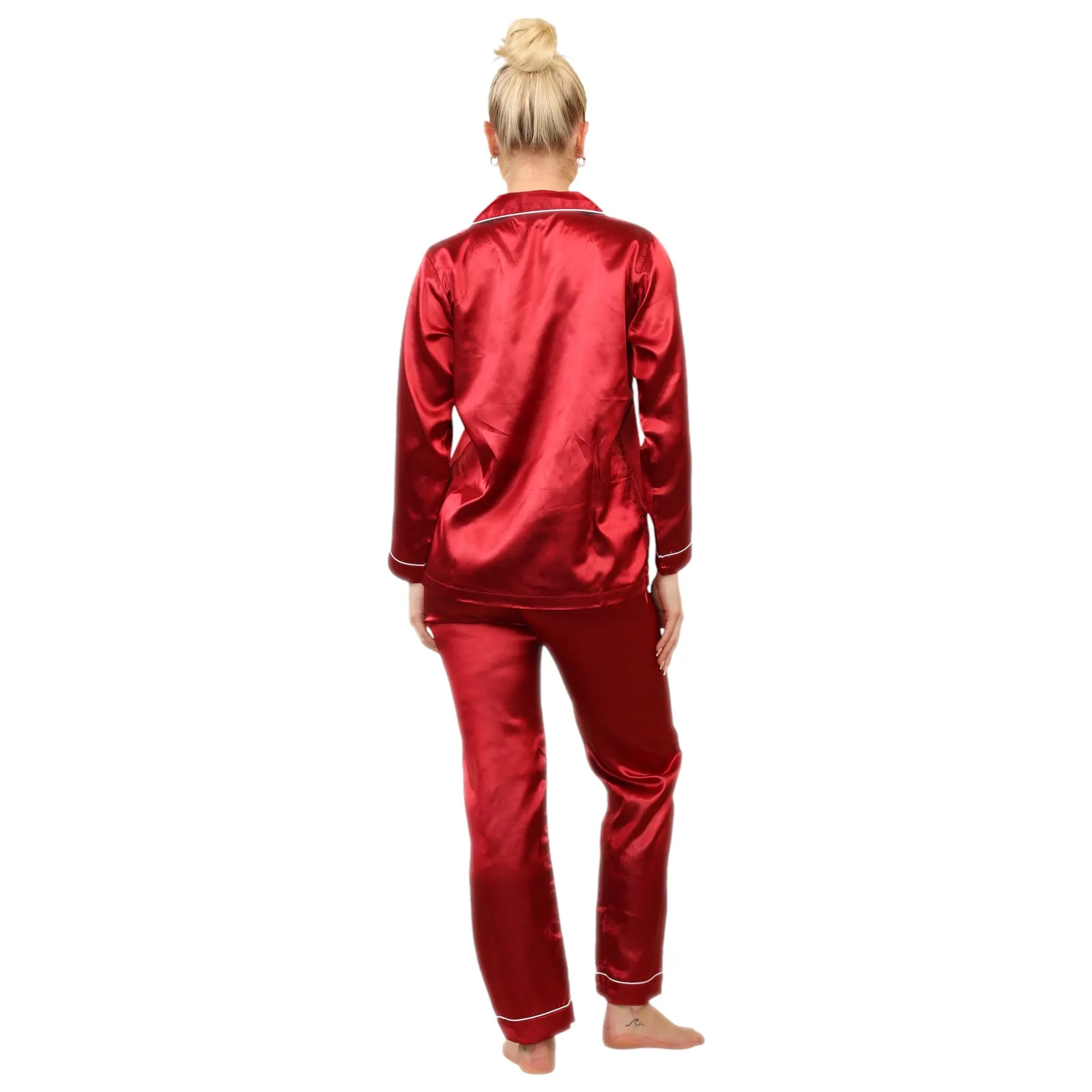 LADIES SOFT SATIN SILK PYJAMAS PJS WOMENS LONG SLEEVE SLEEPWEAR NIGHTWEAR PJ'S SET NIGHT LOUNGE WEAR PAJAMA SET COMFORT WOMENSWEAR ELEGANT STYLE LOUNGEWEAR PAJAMAS TOPS PANTS SHIRT BOTTOMS