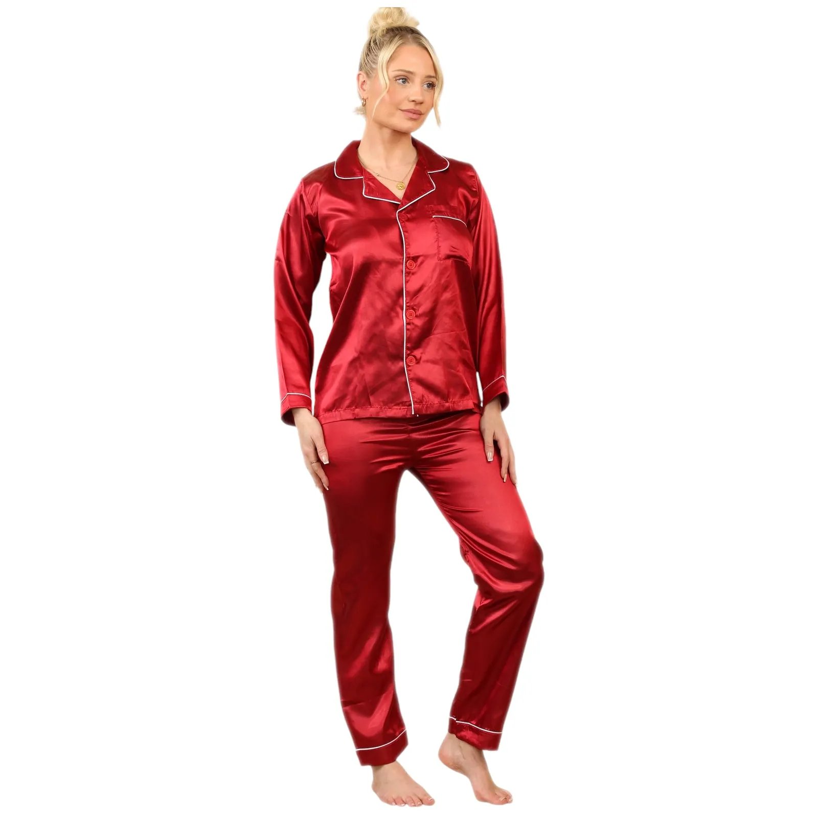 LADIES SOFT SATIN SILK PYJAMAS PJS WOMENS LONG SLEEVE SLEEPWEAR NIGHTWEAR PJ'S SET NIGHT LOUNGE WEAR PAJAMA SET COMFORT WOMENSWEAR ELEGANT STYLE LOUNGEWEAR PAJAMAS TOPS PANTS SHIRT BOTTOMS
