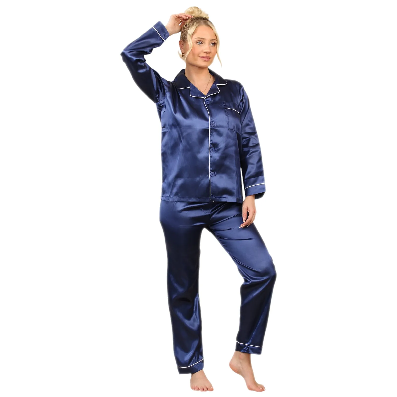 LADIES SOFT SATIN SILK PYJAMAS PJS WOMENS LONG SLEEVE SLEEPWEAR NIGHTWEAR PJ'S SET NIGHT LOUNGE WEAR PAJAMA SET COMFORT WOMENSWEAR ELEGANT STYLE LOUNGEWEAR PAJAMAS TOPS PANTS SHIRT BOTTOMS