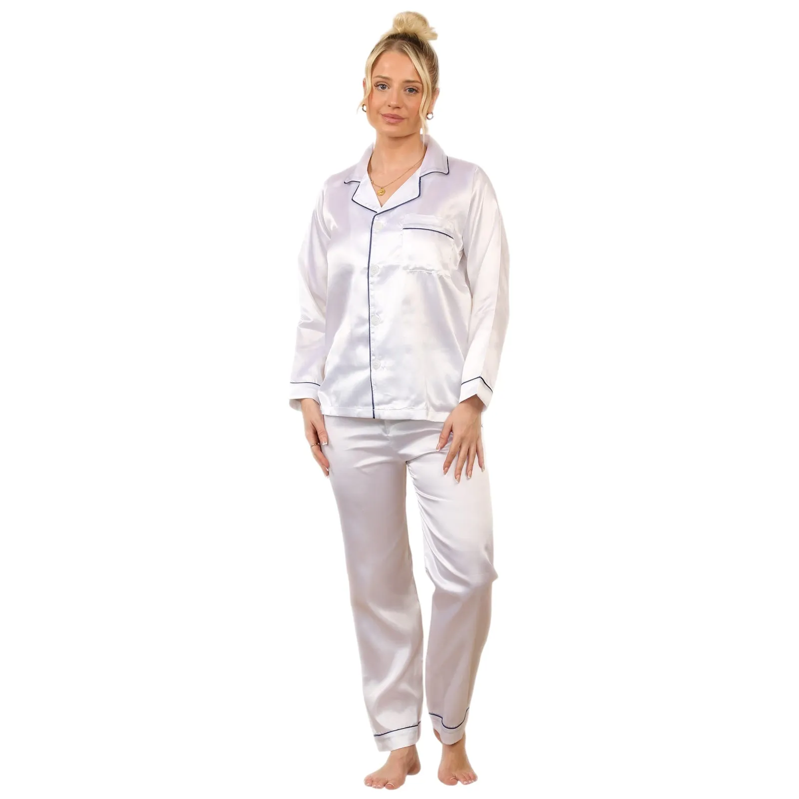 LADIES SOFT SATIN SILK PYJAMAS PJS WOMENS LONG SLEEVE SLEEPWEAR NIGHTWEAR PJ'S SET NIGHT LOUNGE WEAR PAJAMA SET COMFORT WOMENSWEAR ELEGANT STYLE LOUNGEWEAR PAJAMAS TOPS PANTS SHIRT BOTTOMS