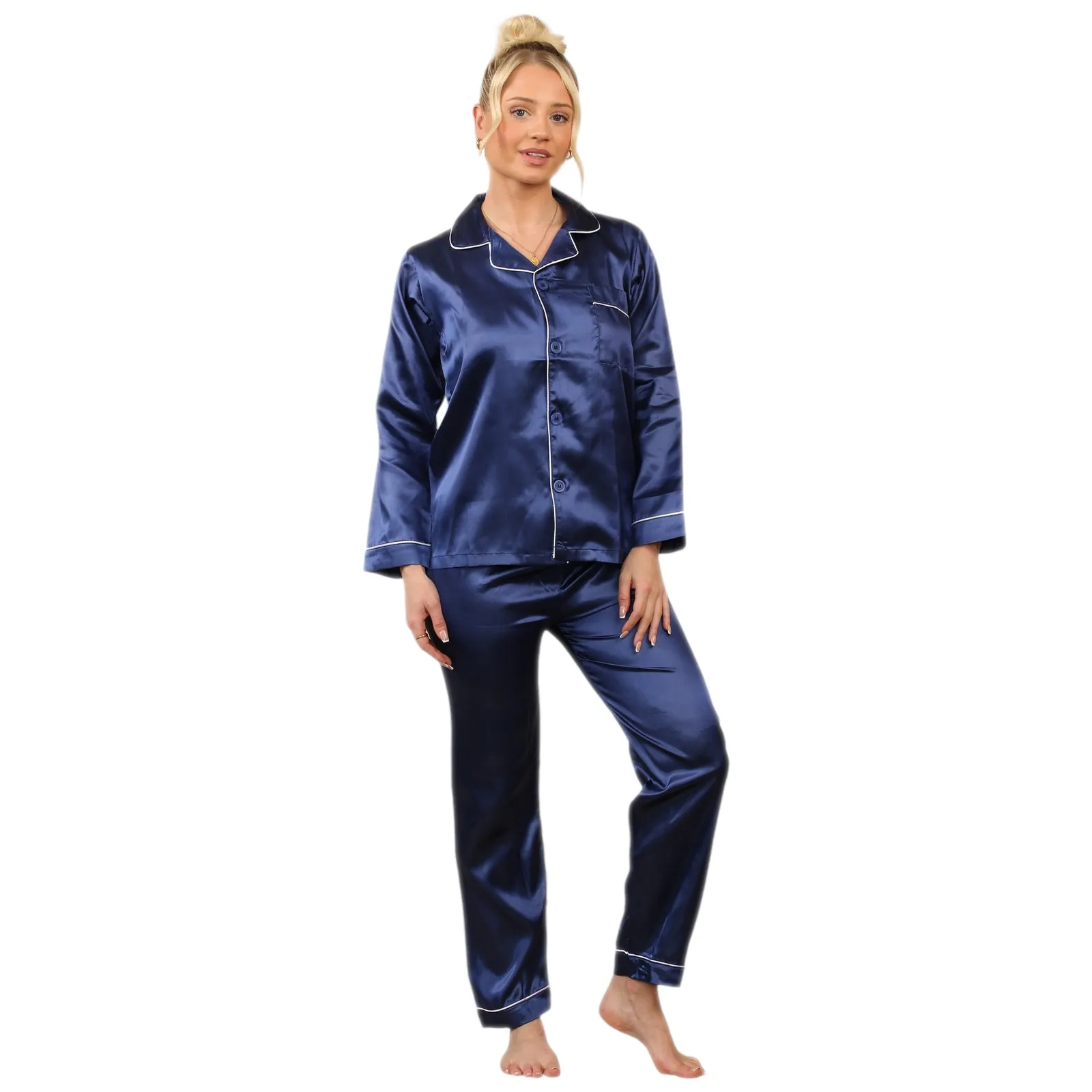 LADIES SOFT SATIN SILK PYJAMAS PJS WOMENS LONG SLEEVE SLEEPWEAR NIGHTWEAR PJ'S SET NIGHT LOUNGE WEAR PAJAMA SET COMFORT WOMENSWEAR ELEGANT STYLE LOUNGEWEAR PAJAMAS TOPS PANTS SHIRT BOTTOMS