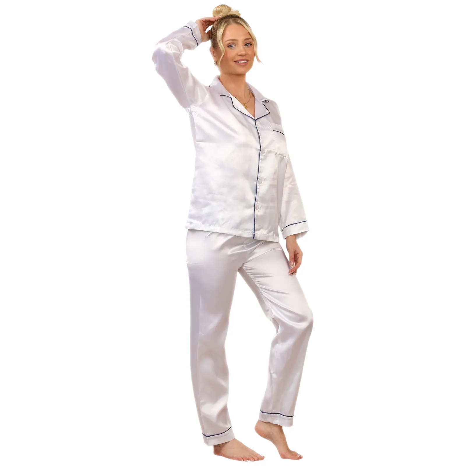 LADIES SOFT SATIN SILK PYJAMAS PJS WOMENS LONG SLEEVE SLEEPWEAR NIGHTWEAR PJ'S SET NIGHT LOUNGE WEAR PAJAMA SET COMFORT WOMENSWEAR ELEGANT STYLE LOUNGEWEAR PAJAMAS TOPS PANTS SHIRT BOTTOMS