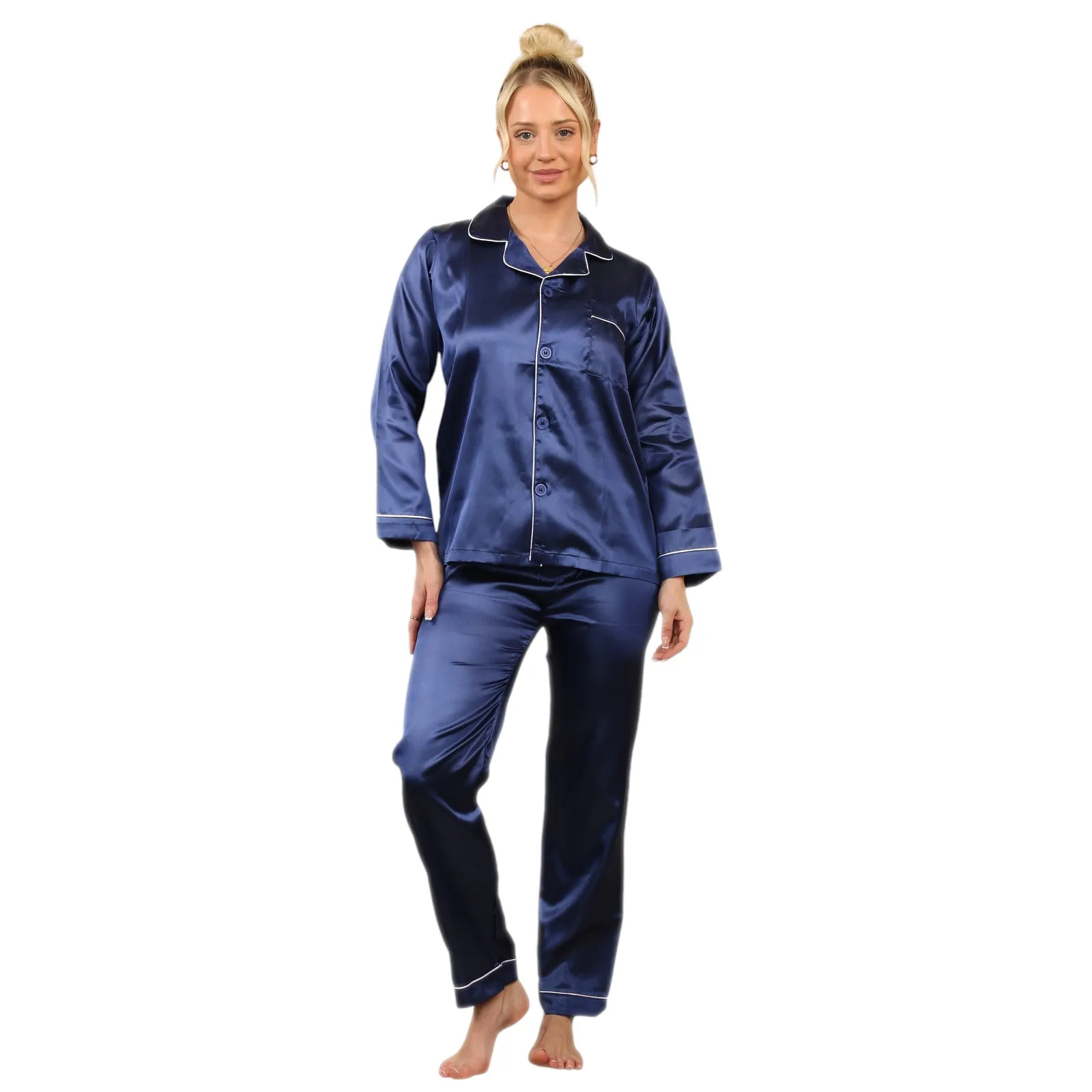 LADIES SOFT SATIN SILK PYJAMAS PJS WOMENS LONG SLEEVE SLEEPWEAR NIGHTWEAR PJ'S SET NIGHT LOUNGE WEAR PAJAMA SET COMFORT WOMENSWEAR ELEGANT STYLE LOUNGEWEAR PAJAMAS TOPS PANTS SHIRT BOTTOMS