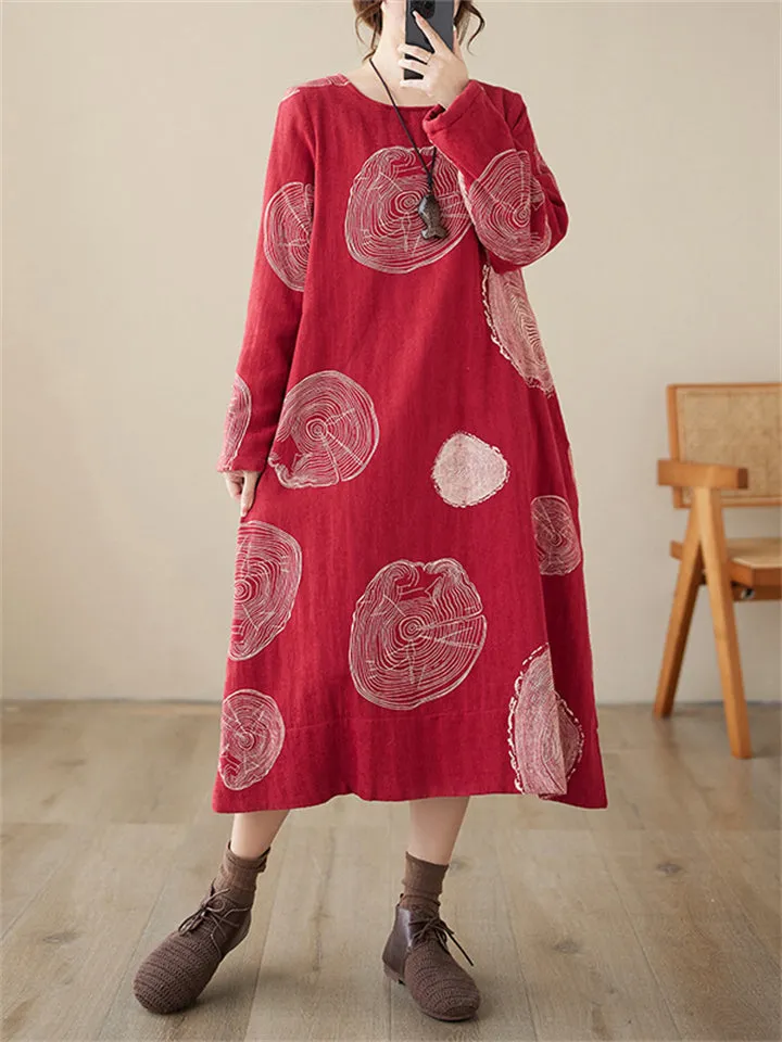 Lady Ethnic Style Polka Dot Fleece-lined Winter Cotton Linen Dress