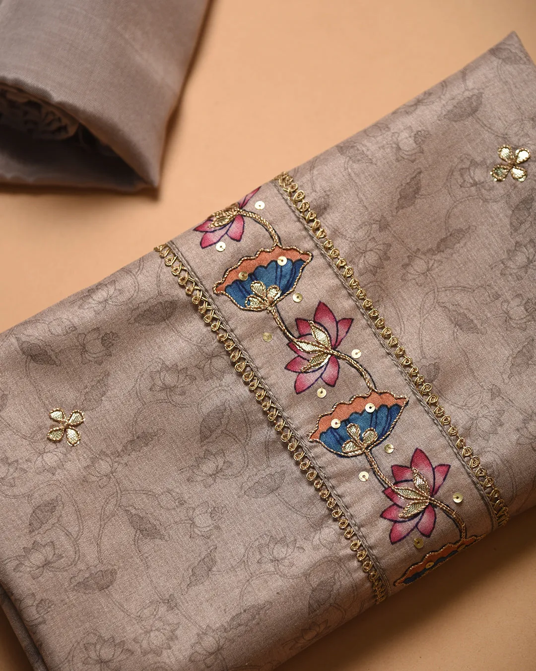 Light Gray Silk Blend Printed With Embroidery Unstitched Suit Fabric Set With Silk Blend PrintedDupatta