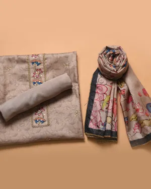 Light Gray Silk Blend Printed With Embroidery Unstitched Suit Fabric Set With Silk Blend PrintedDupatta