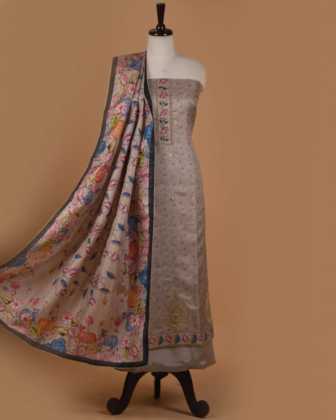 Light Gray Silk Blend Printed With Embroidery Unstitched Suit Fabric Set With Silk Blend PrintedDupatta