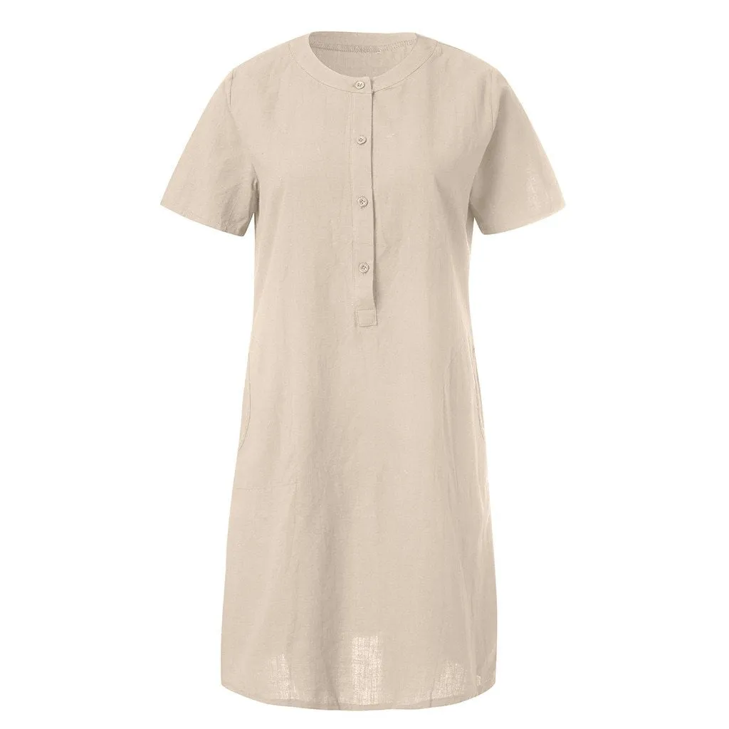 Linen Shirt Dress  - O Neck Button Front