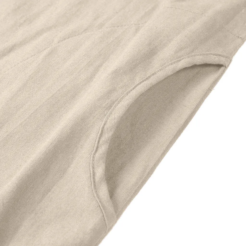 Linen Shirt Dress  - O Neck Button Front