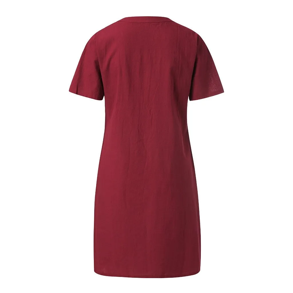 Linen Shirt Dress  - O Neck Button Front