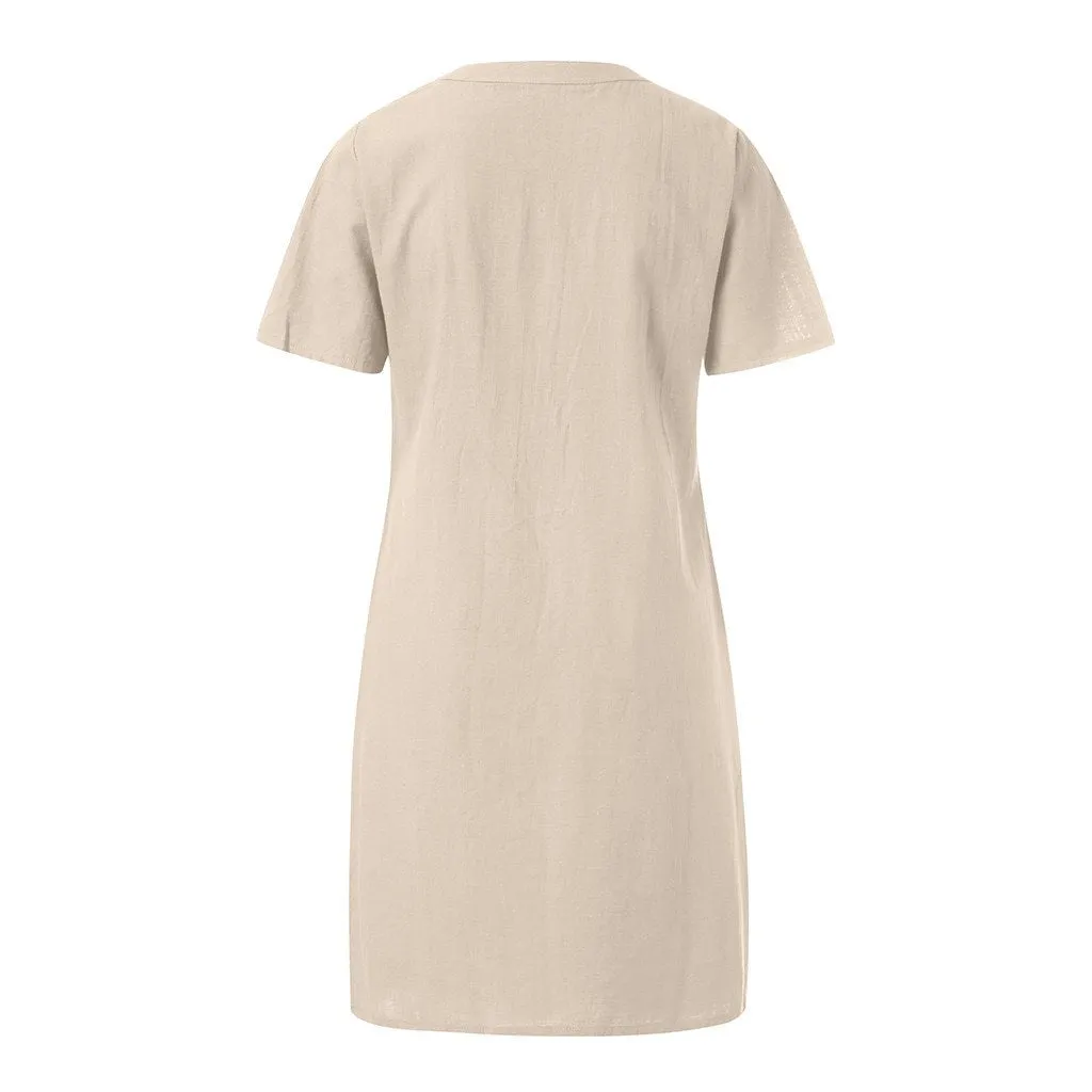 Linen Shirt Dress  - O Neck Button Front