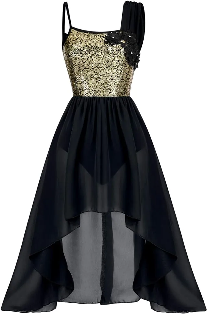 Lyrical, Modern, Contemporary Shiny Sequins Spaghetti Strap Chiffon Dress
